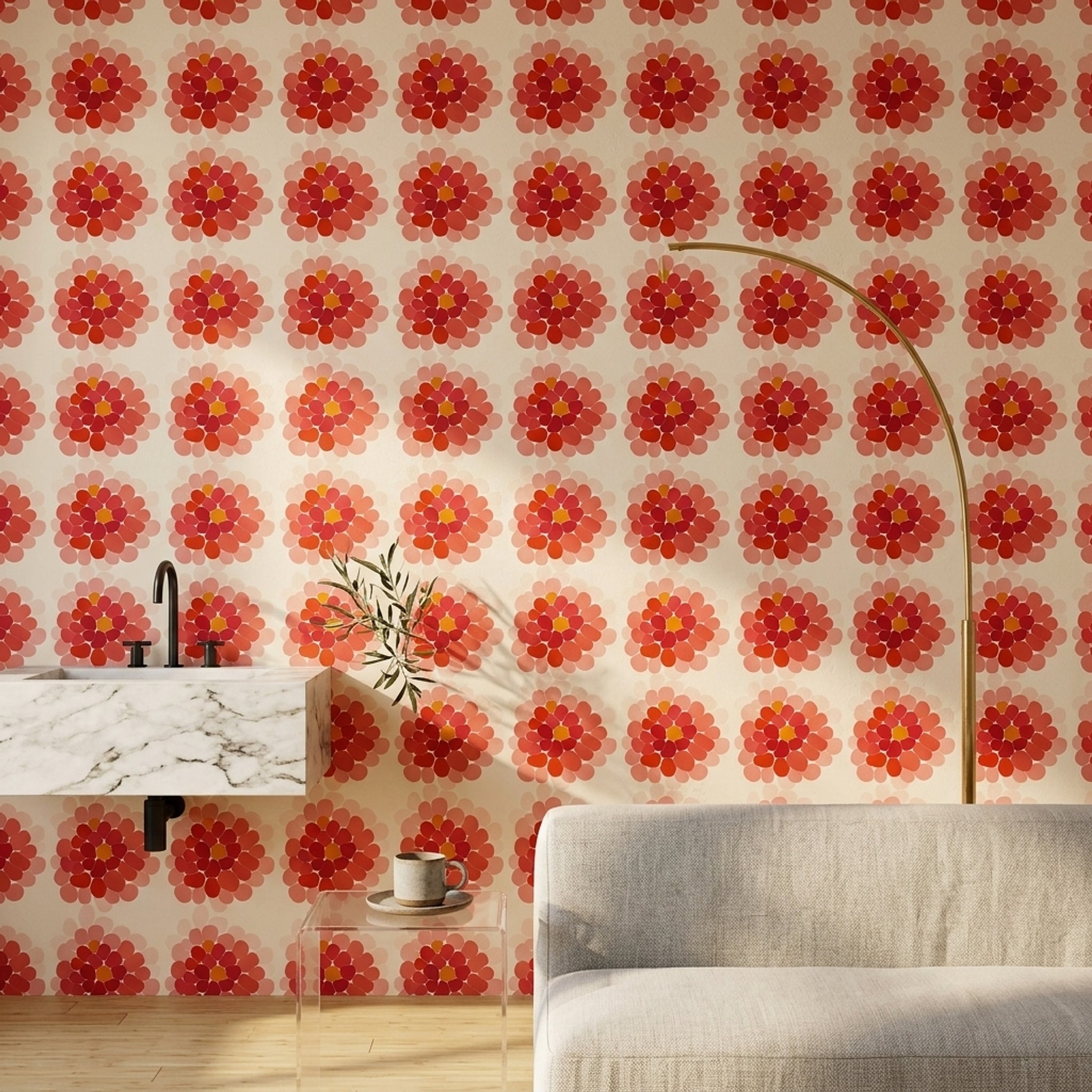 Retro Çiçek Desenli Duvar Kağıdı Kırmızı Pembe Salon