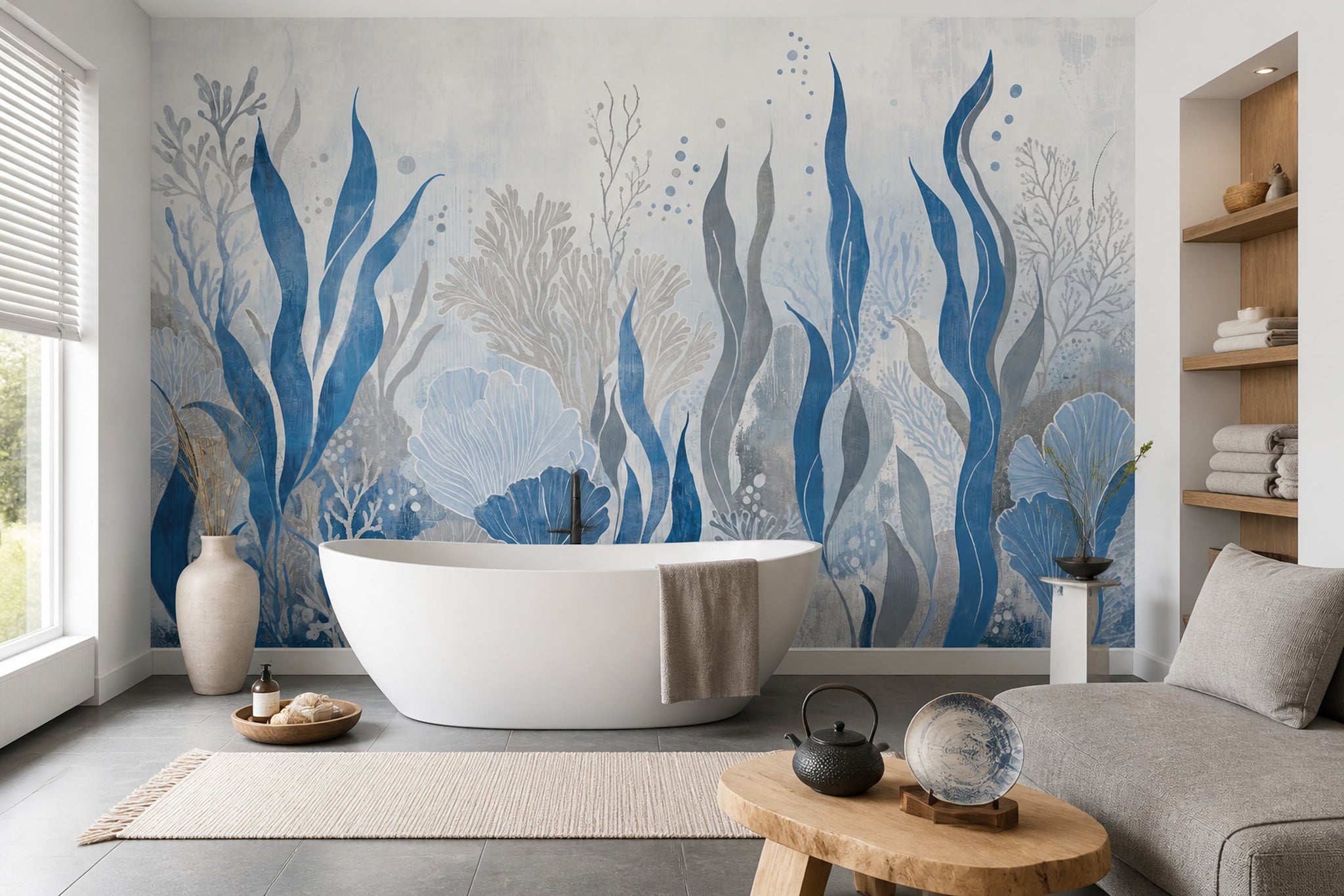 Deniz Altı Mercanlı Poster Duvar Kağıdı Mavi Gri Banyo