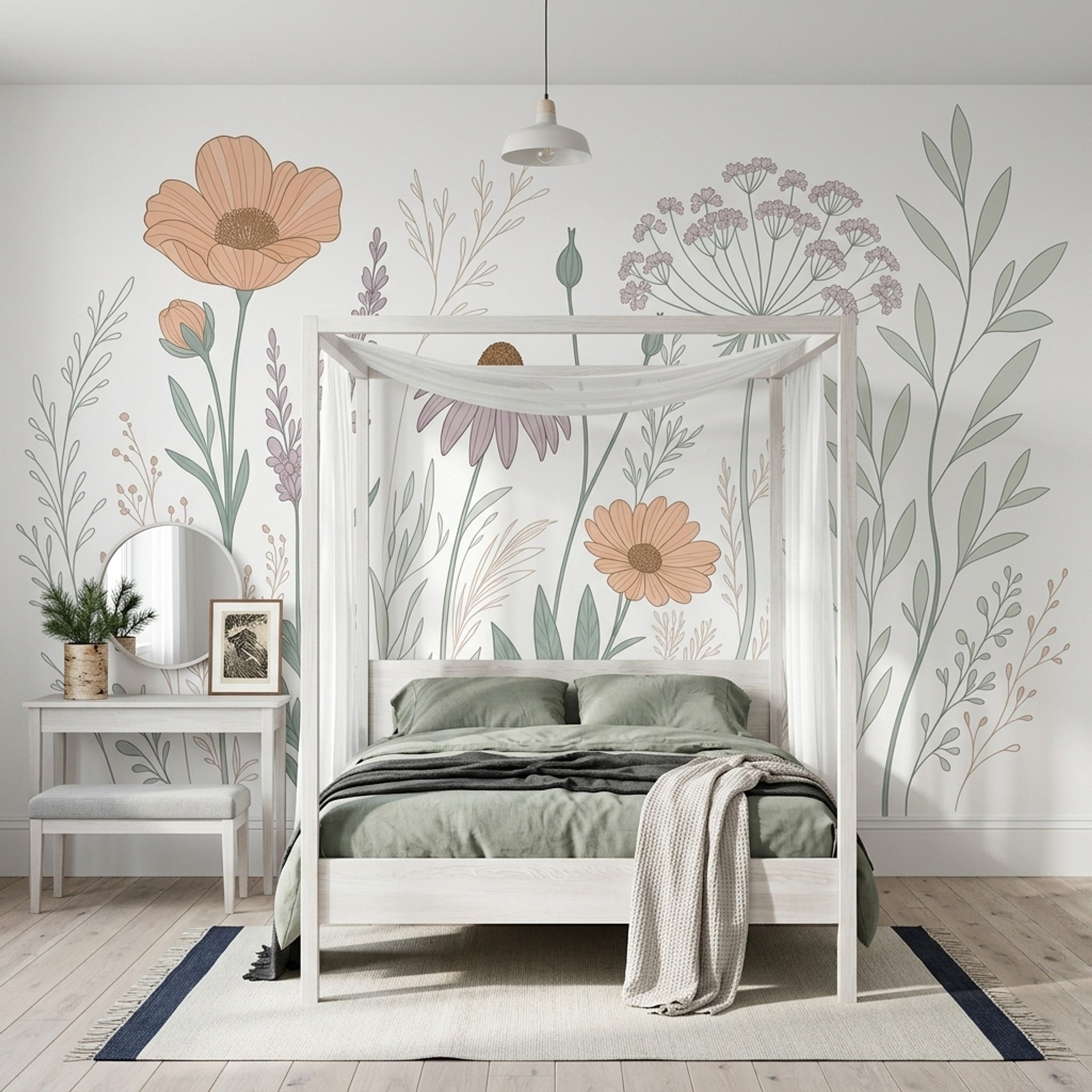Pastel Çiçekli Poster Duvar Kağıdı Bej Yeşil Salon