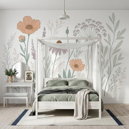 Pastel Çiçekli Poster Duvar Kağıdı Bej Yeşil Salon