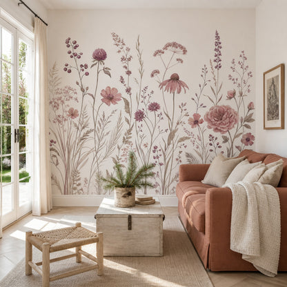 Pastel Kır Çiçekleri Poster Duvar Kağıdı Pudra Pembe Salon