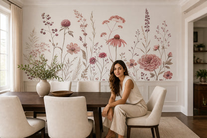 Pastel Kır Çiçekleri Poster Duvar Kağıdı Pudra Pembe Salon