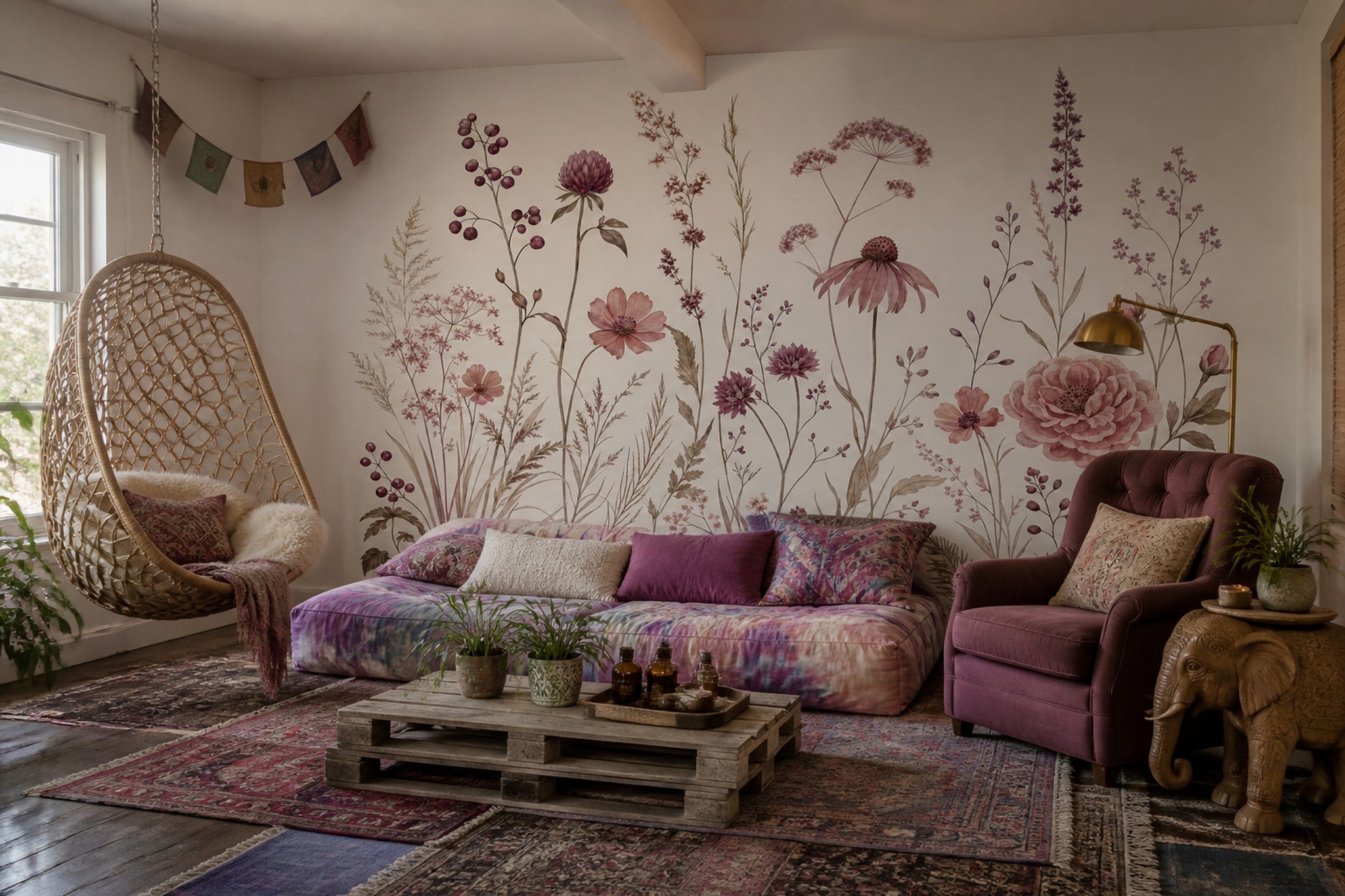Pastel Kır Çiçekleri Poster Duvar Kağıdı Pudra Pembe Salon