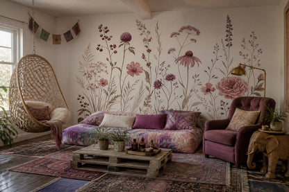 Pastel Kır Çiçekleri Poster Duvar Kağıdı Pudra Pembe Salon