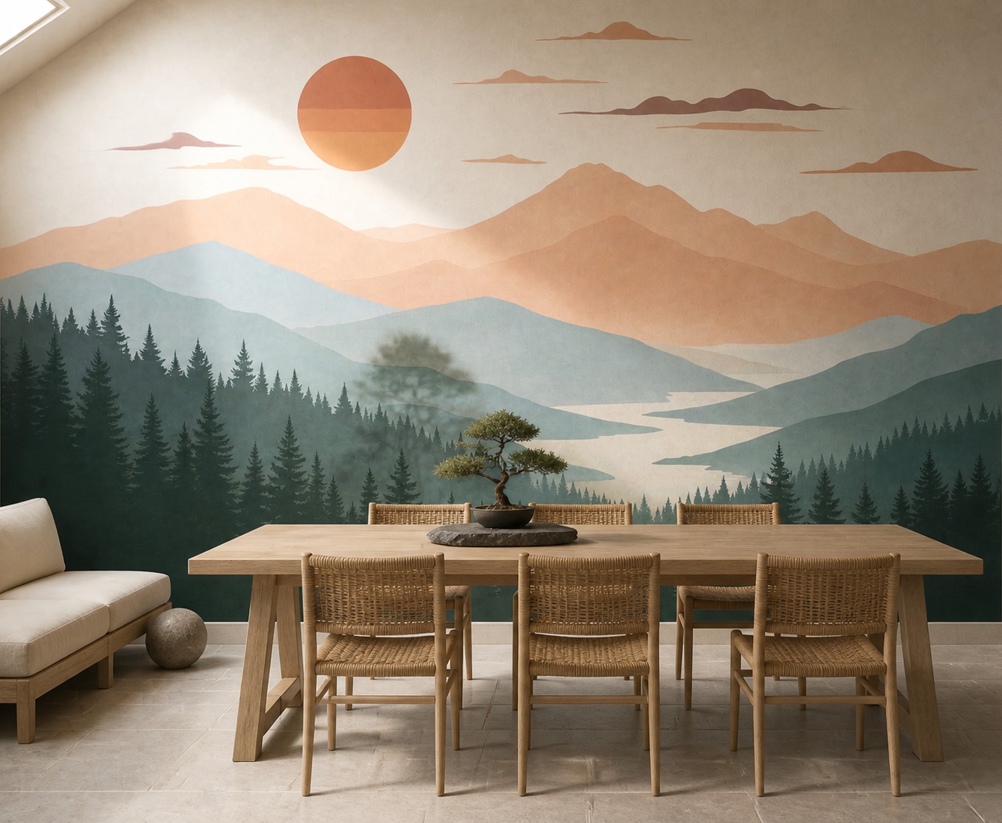Gün Batımı Dağ Manzaralı Poster Duvar Kağıdı Yeşil Tonlar