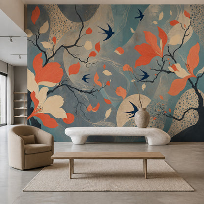 Kuşlu Çiçekli Poster Duvar Kağıdı Turkuaz Modern Salon