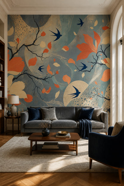 Kuşlu Çiçekli Poster Duvar Kağıdı Turkuaz Modern Salon