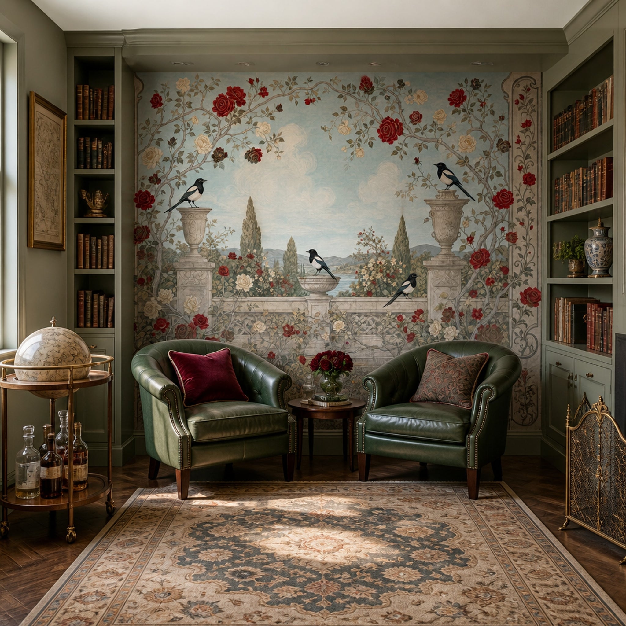 Kuşlu Gül Bahçesi Poster Duvar Kağıdı Mavi Klasik Salon