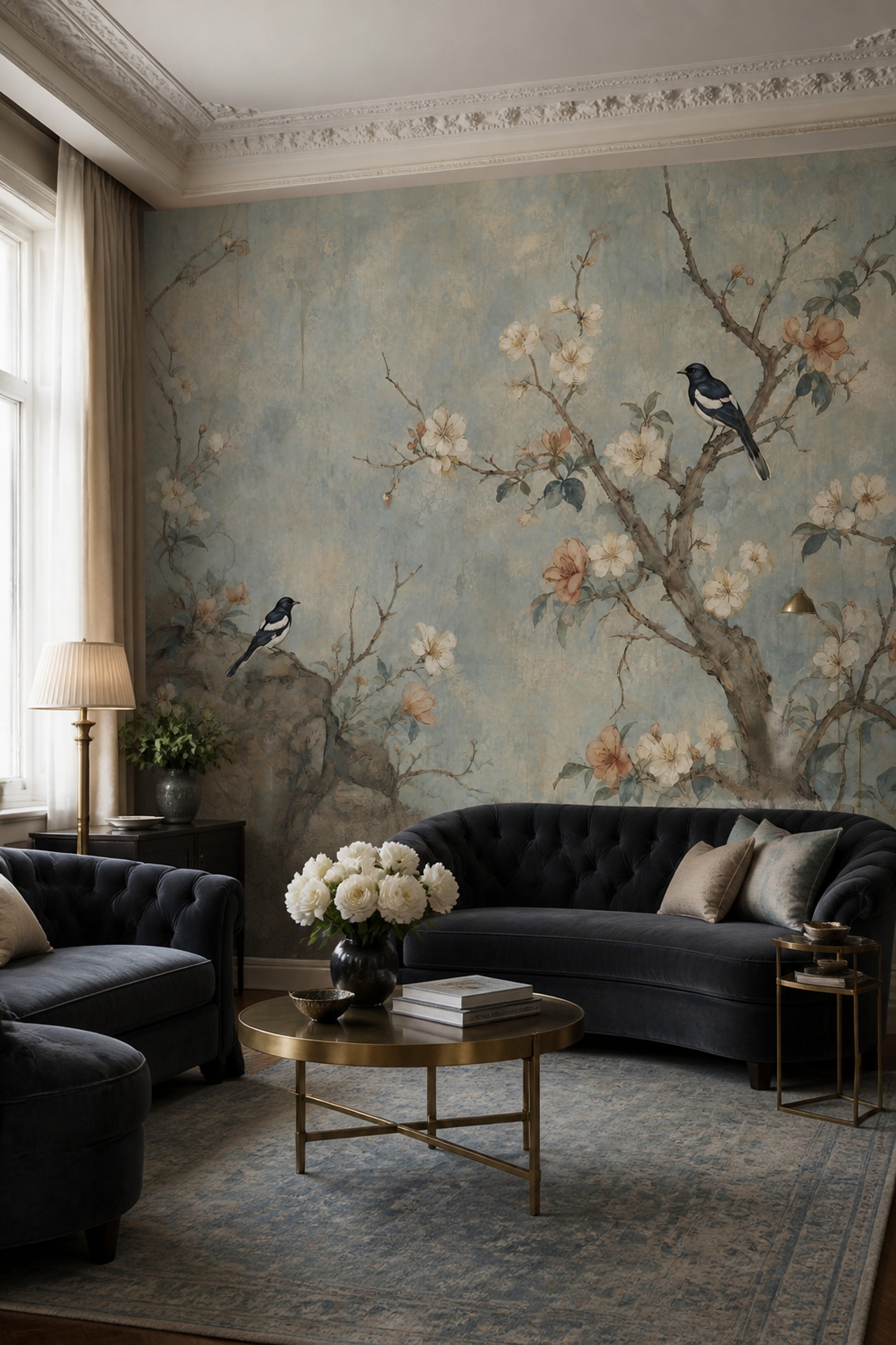 Çiçekli Kuşlu Poster Duvar Kağıdı Pastel Mavi Salon Dekoru