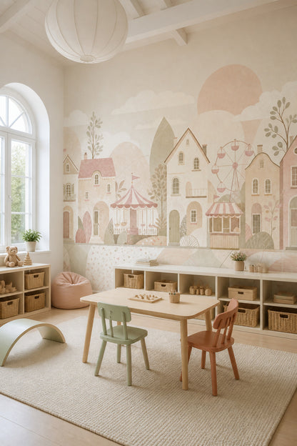 Masalsı Lunaparklı Kasaba Poster Duvar Kağıdı Pastel Çocuk Odası