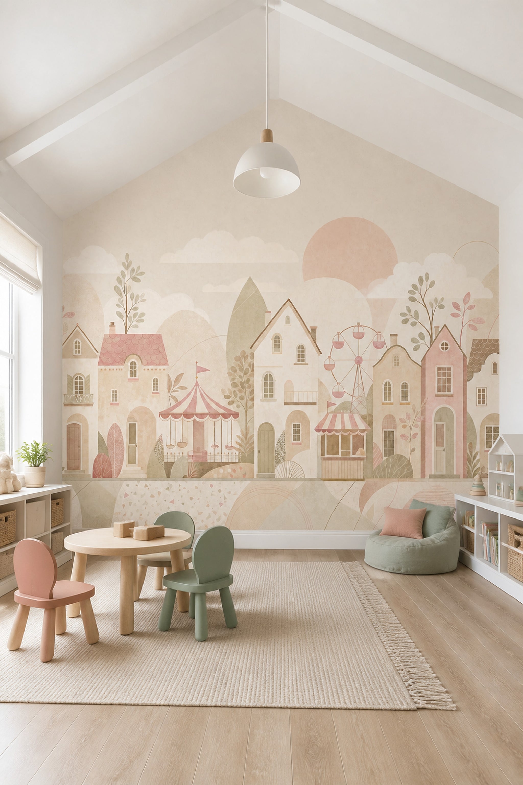 Masalsı Lunaparklı Kasaba Poster Duvar Kağıdı Pastel Çocuk Odası
