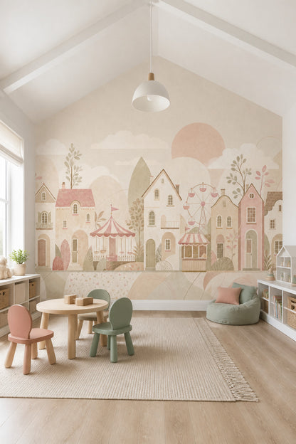 Masalsı Lunaparklı Kasaba Poster Duvar Kağıdı Pastel Çocuk Odası