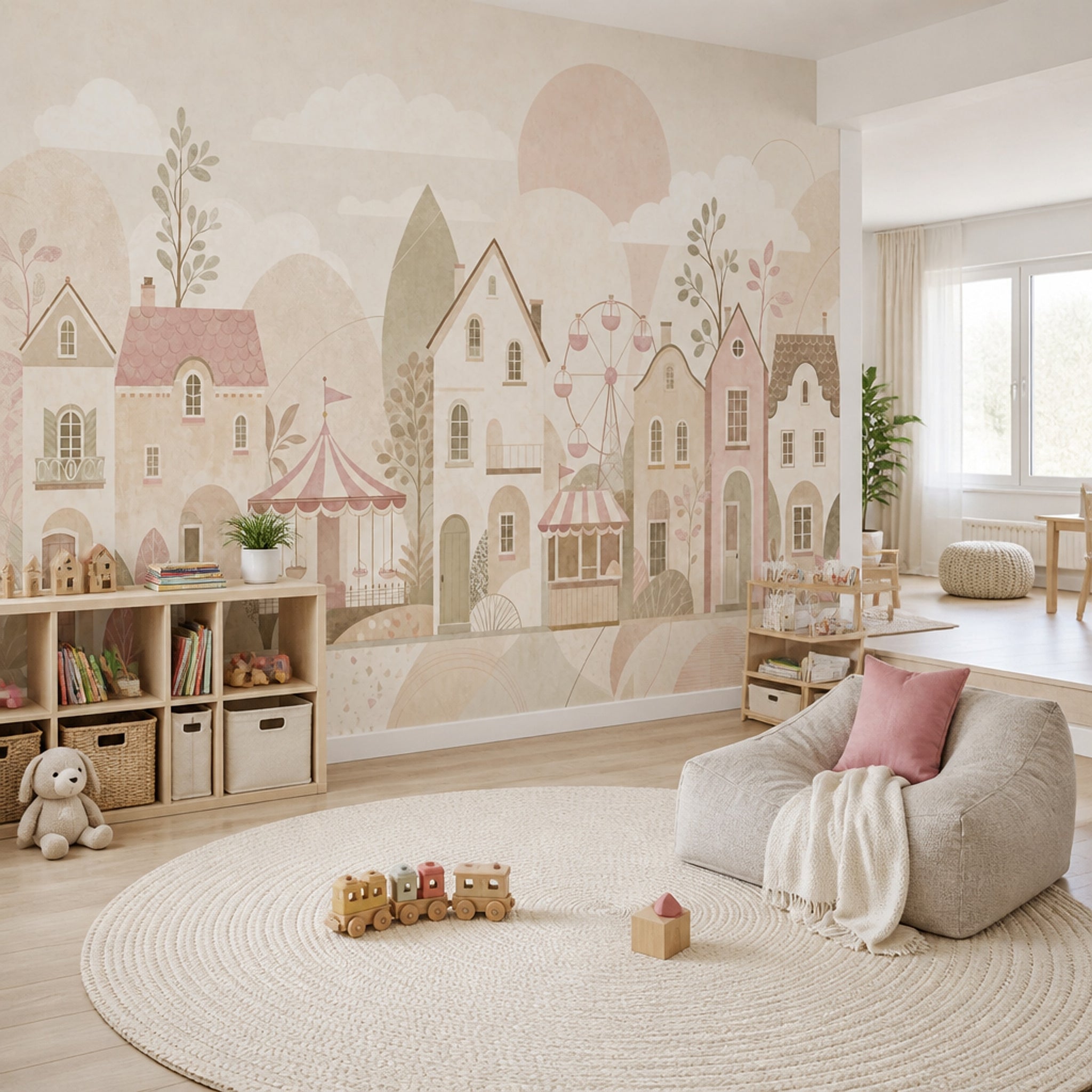 Masalsı Lunaparklı Kasaba Poster Duvar Kağıdı Pastel Çocuk Odası