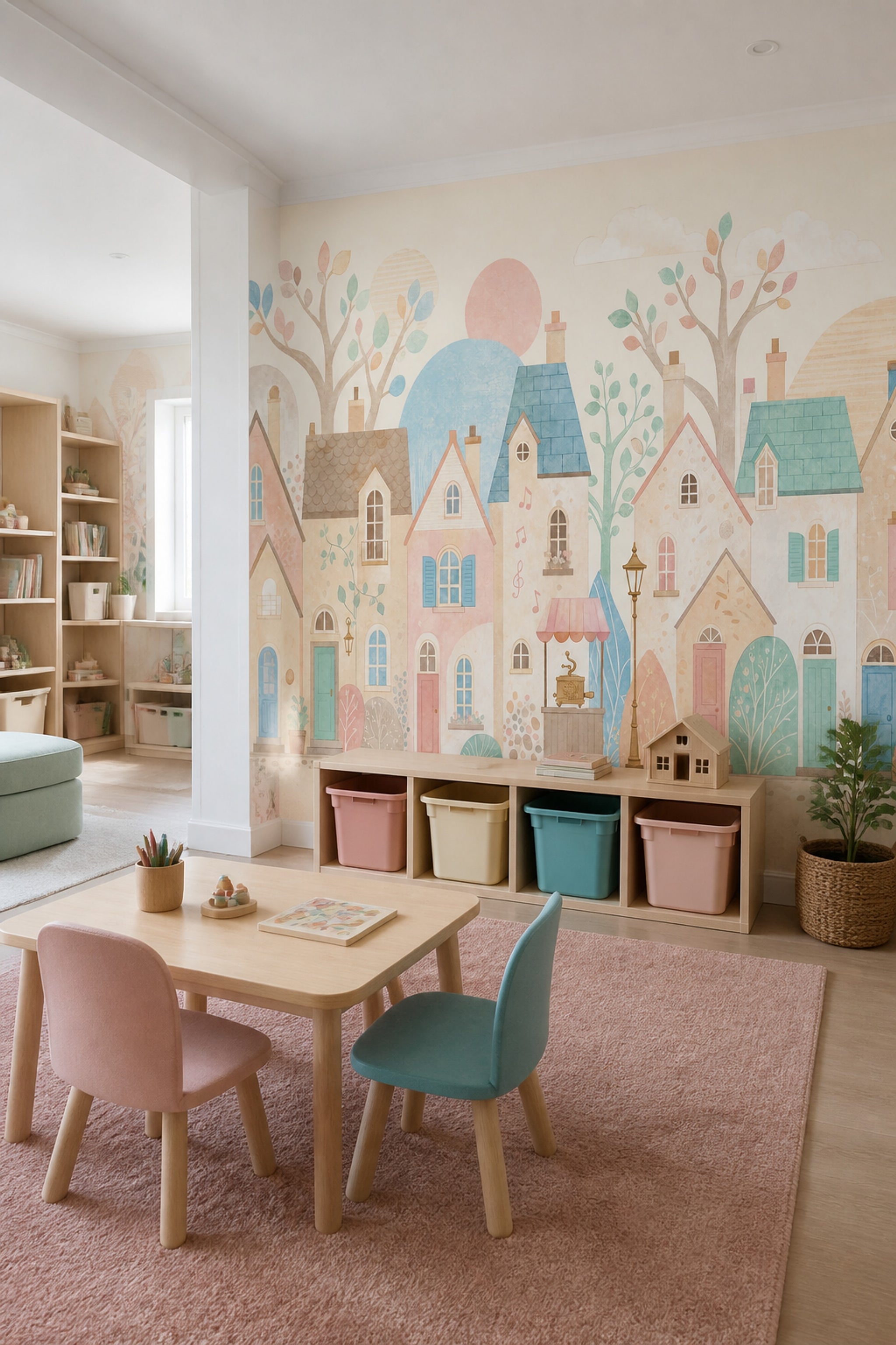 Pastel Evler Poster Duvar Kağıdı Çocuk Odası Masalsı Desen