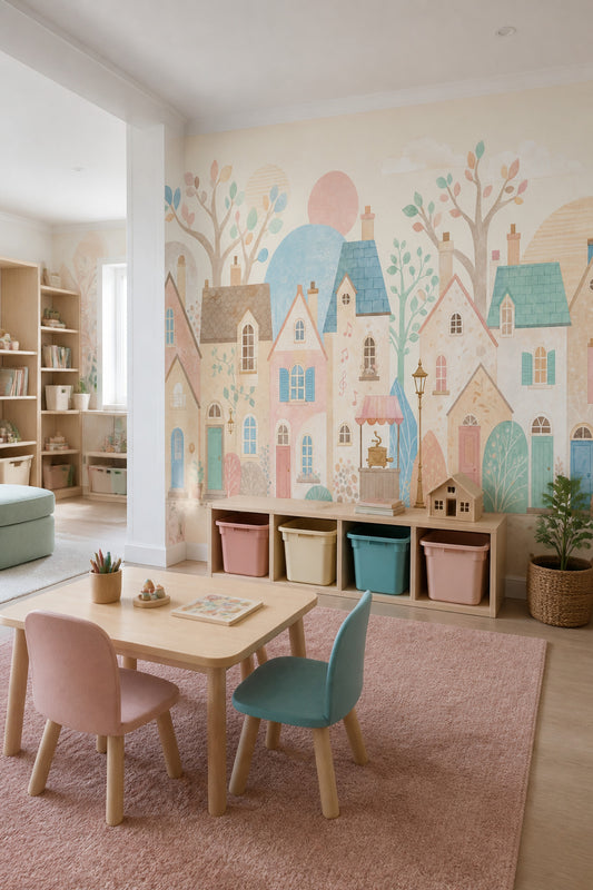 Pastel Evler Poster Duvar Kağıdı Çocuk Odası Masalsı Desen