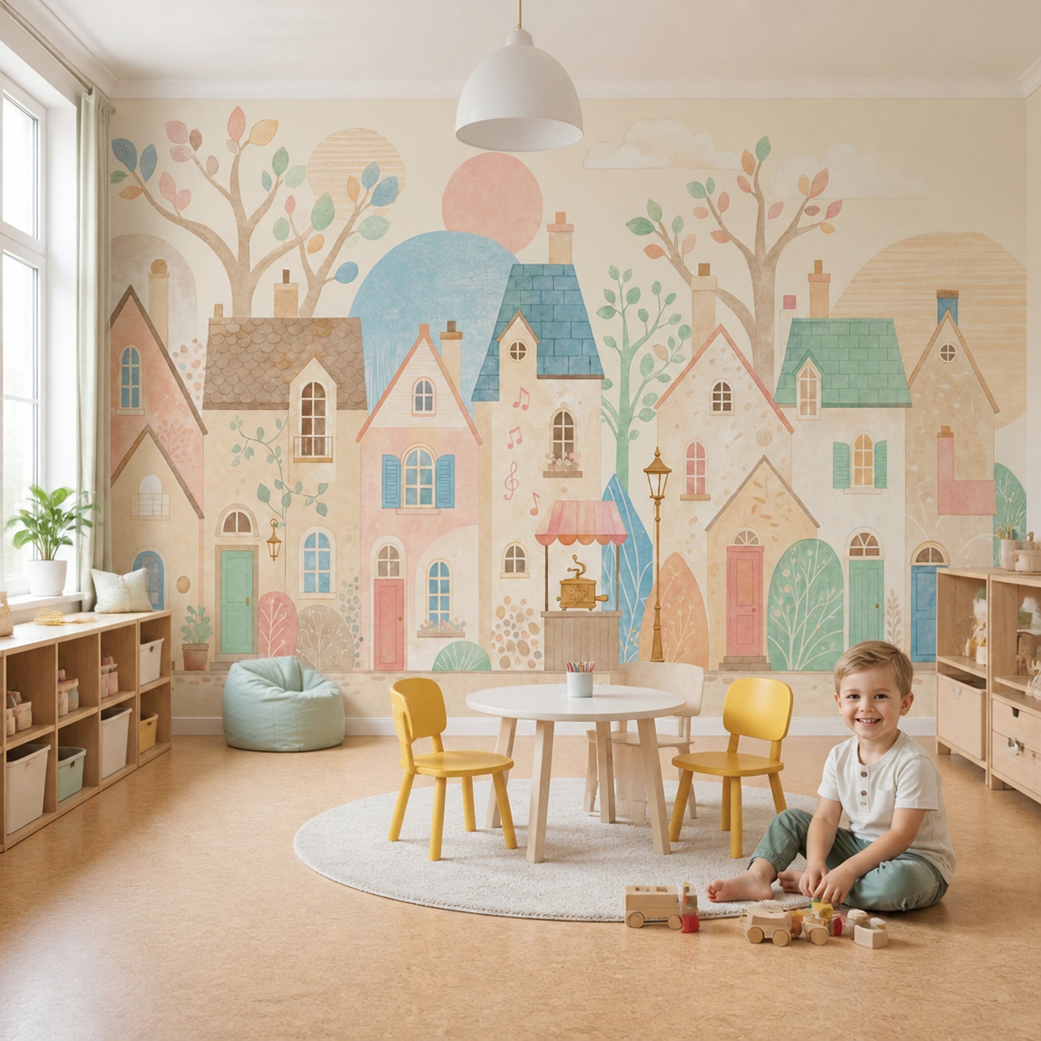 Pastel Evler Poster Duvar Kağıdı Çocuk Odası Masalsı Desen