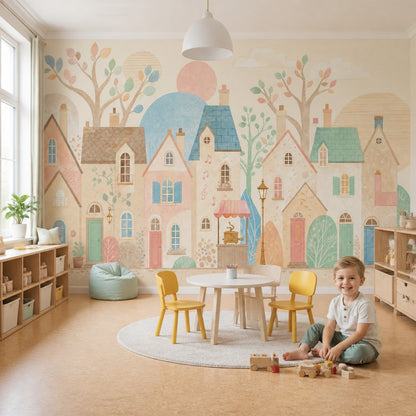 Pastel Evler Poster Duvar Kağıdı Çocuk Odası Masalsı Desen