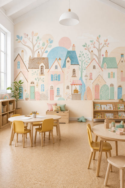 Pastel Evler Poster Duvar Kağıdı Çocuk Odası Masalsı Desen