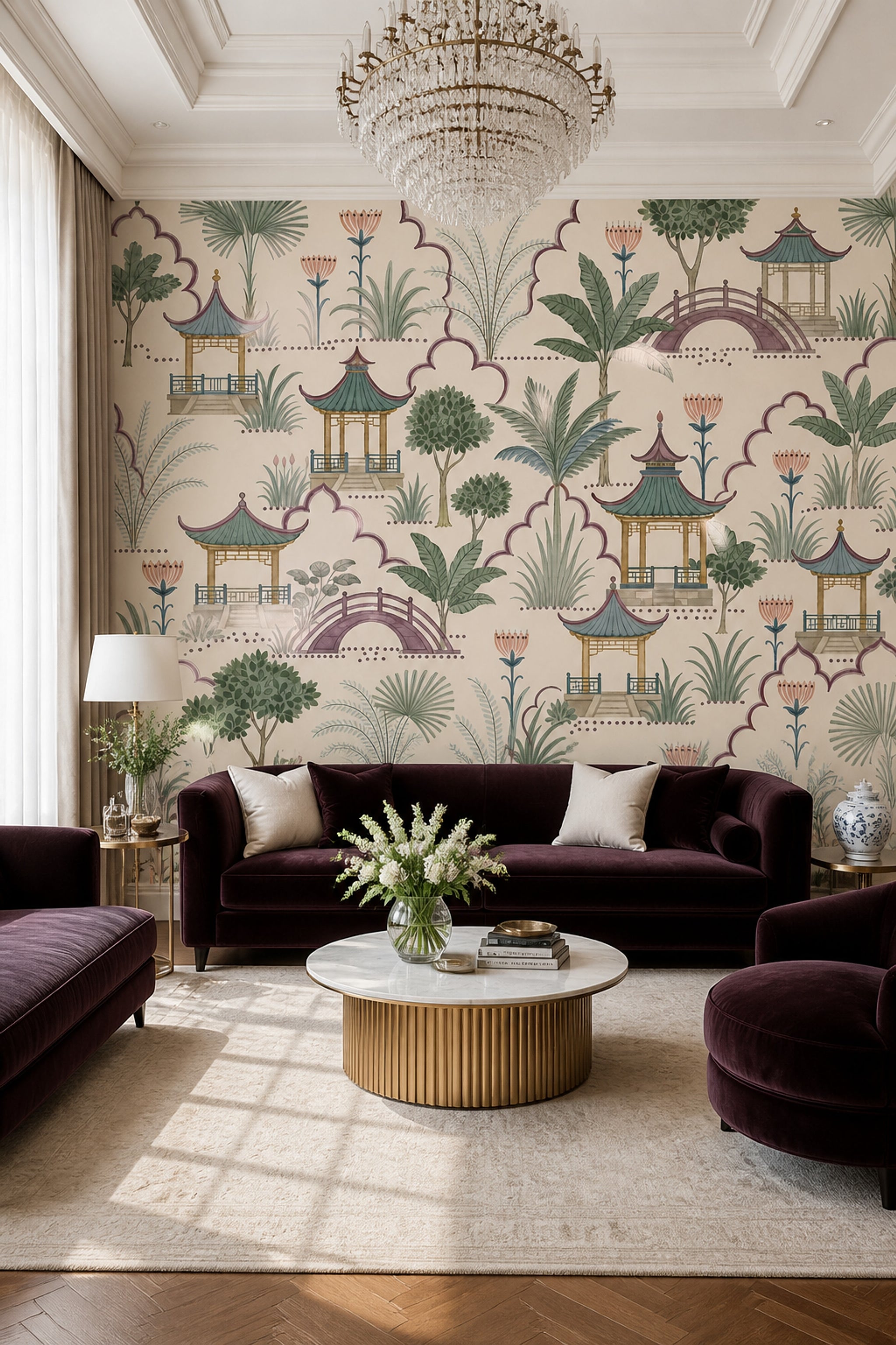Uzak Doğu Pagoda Poster Duvar Kağıdı Yeşil Krem Salon