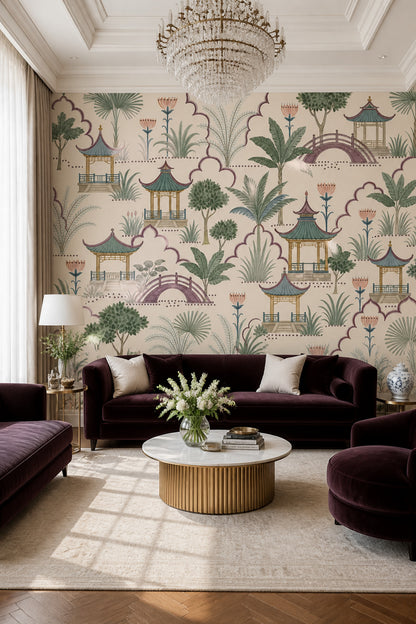 Uzak Doğu Pagoda Poster Duvar Kağıdı Yeşil Krem Salon