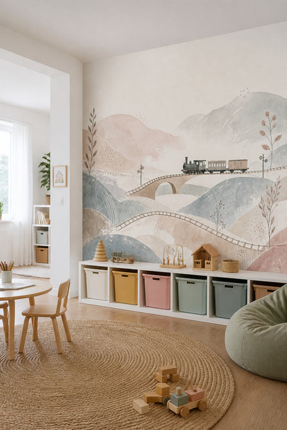 Pastel Tren Manzaralı Poster Duvar Kağıdı Bebek Odası