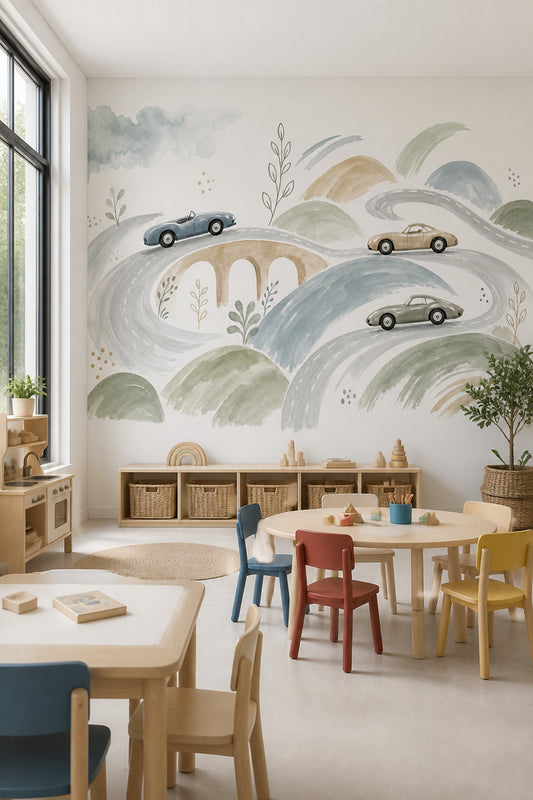Arabalı Yol Manzarası Poster Duvar Kağıdı Pastel Çocuk Odası