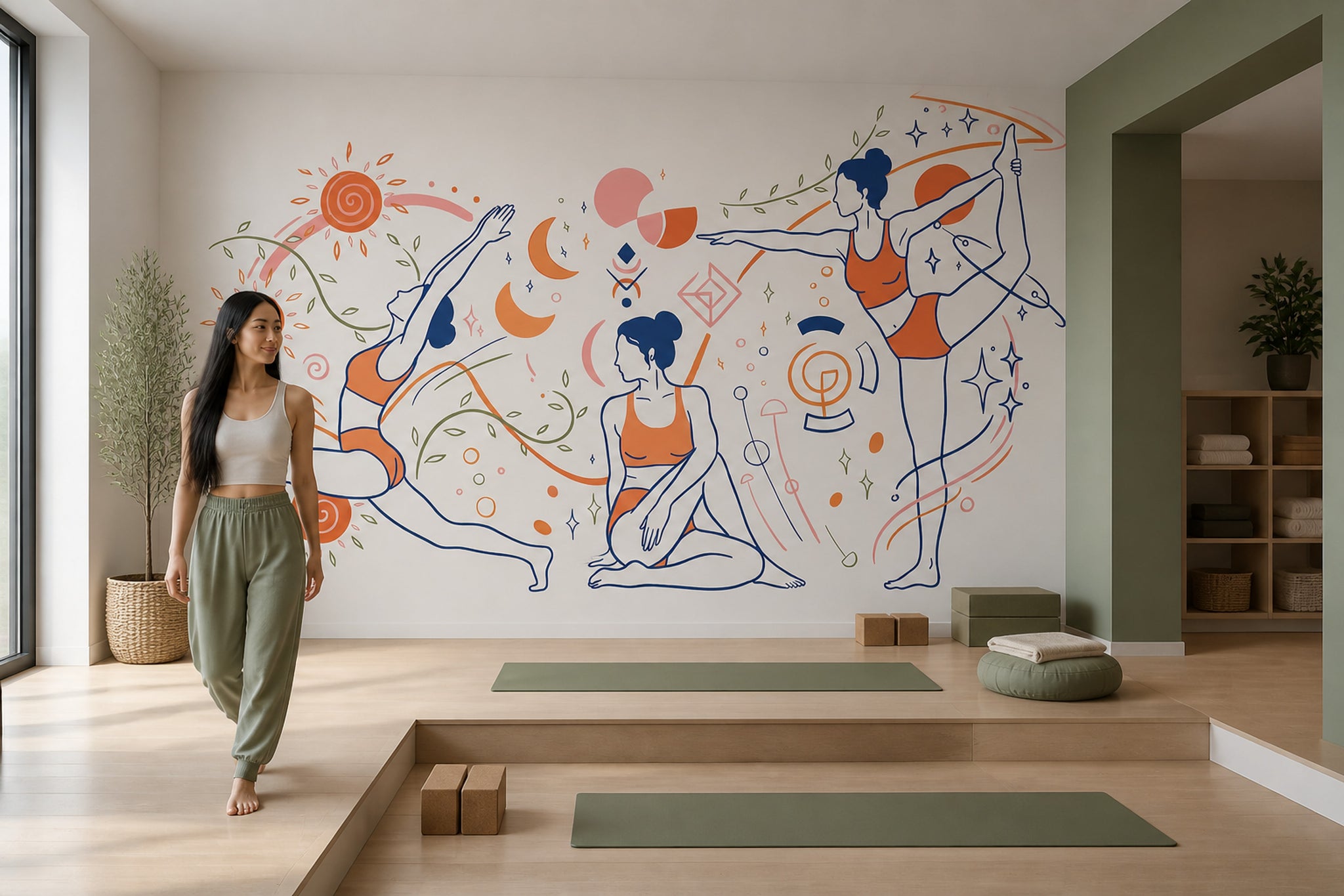 Yoga Figürlü Poster Duvar Kağıdı Turuncu Lacivert Çizim Salon