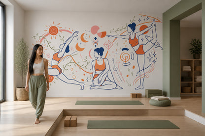Yoga Figürlü Poster Duvar Kağıdı Turuncu Lacivert Çizim Salon