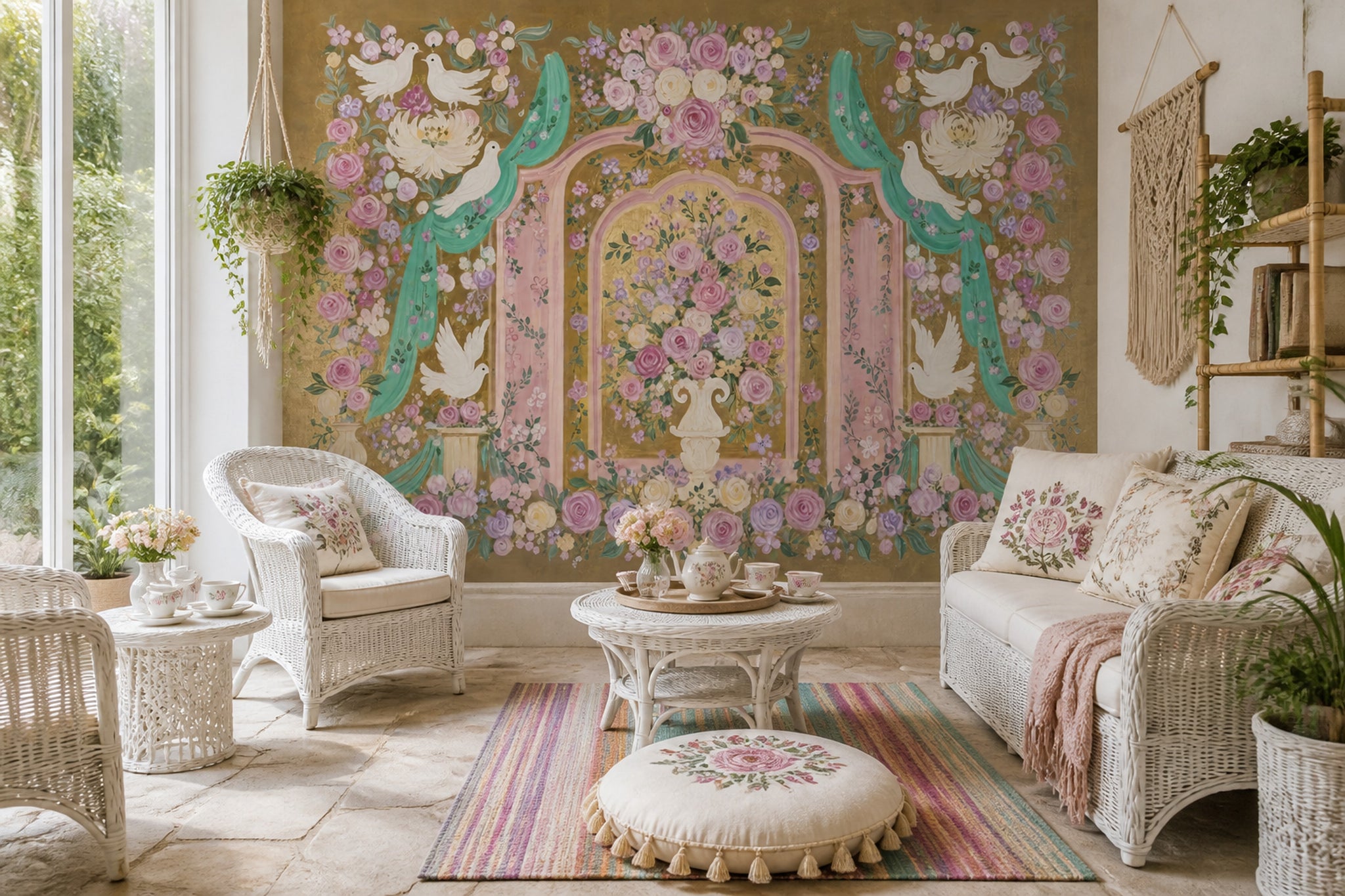 Güllü Güvercinli Poster Duvar Kağıdı Pastel Salon Duvar Dekoru