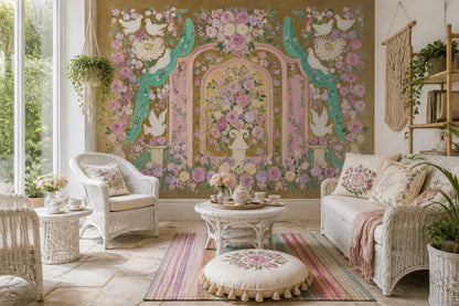 Güllü Güvercinli Poster Duvar Kağıdı Pastel Salon Duvar Dekoru