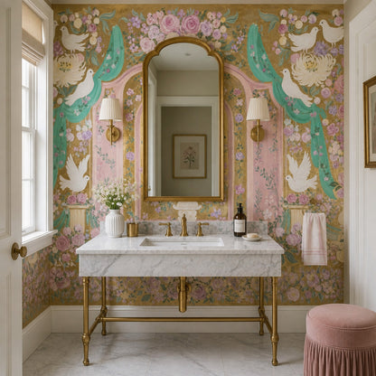 Güllü Güvercinli Poster Duvar Kağıdı Pastel Salon Duvar Dekoru