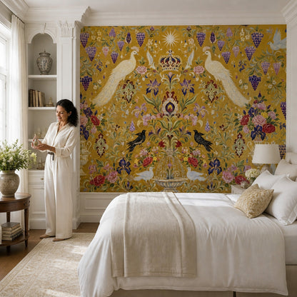 Tavus Kuşu ve Çiçekli Poster Duvar Kağıdı Altın Zemin