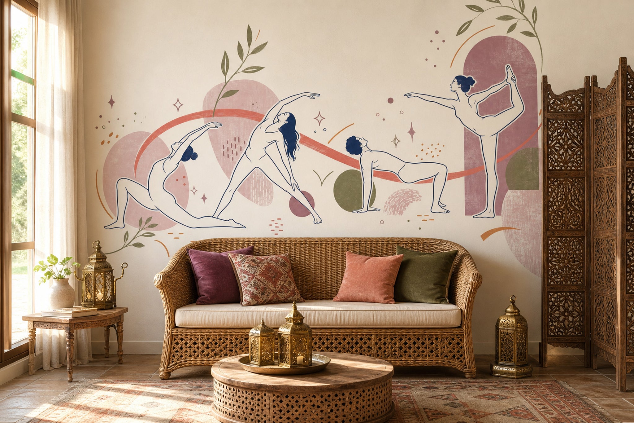 Yoga Pozlu Poster Duvar Kağıdı Pastel Soyut Stüdyo Duvarı