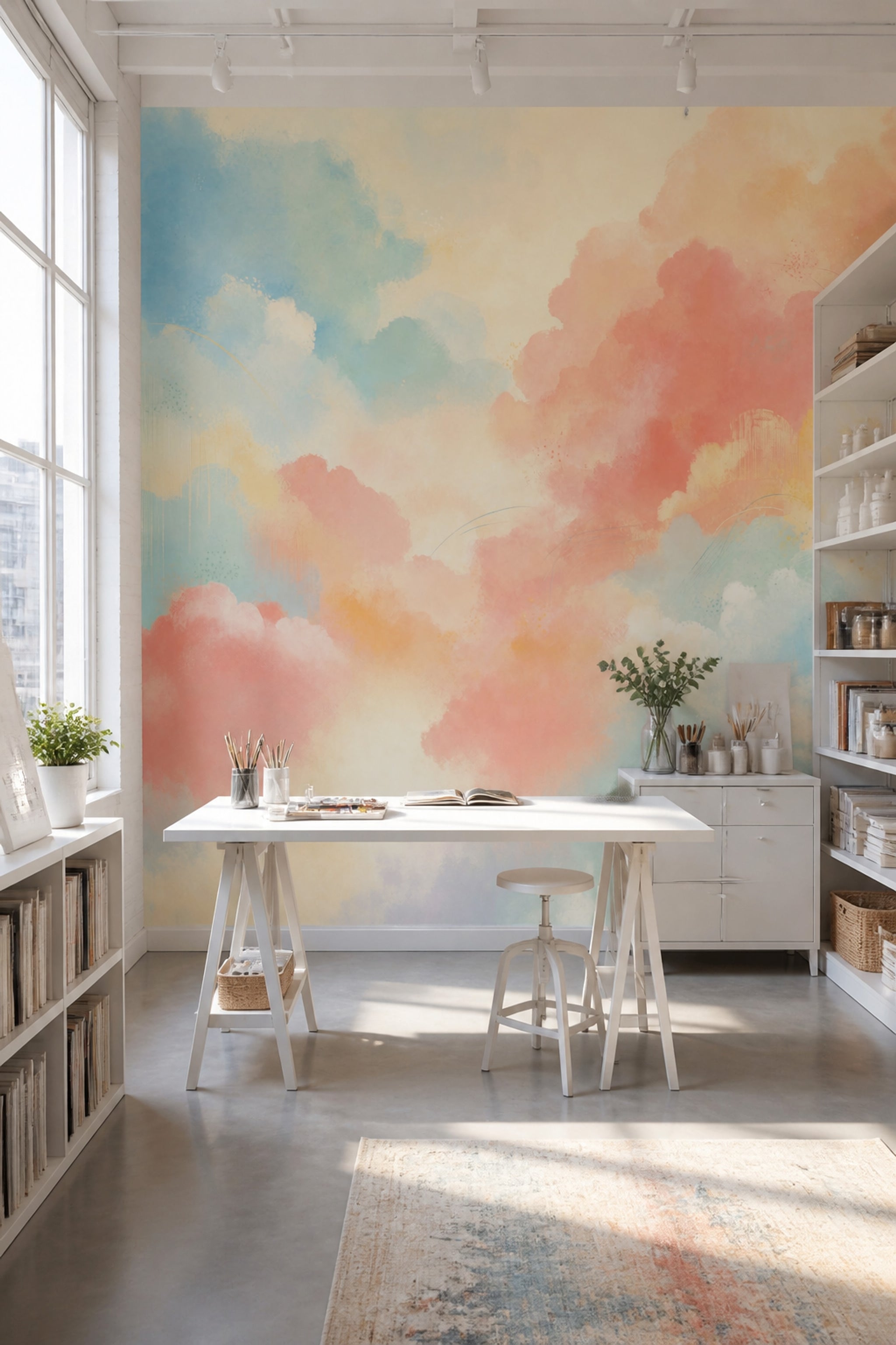 Pastel Bulut Desenli Poster Duvar Kağıdı Renk Geçişli Salon