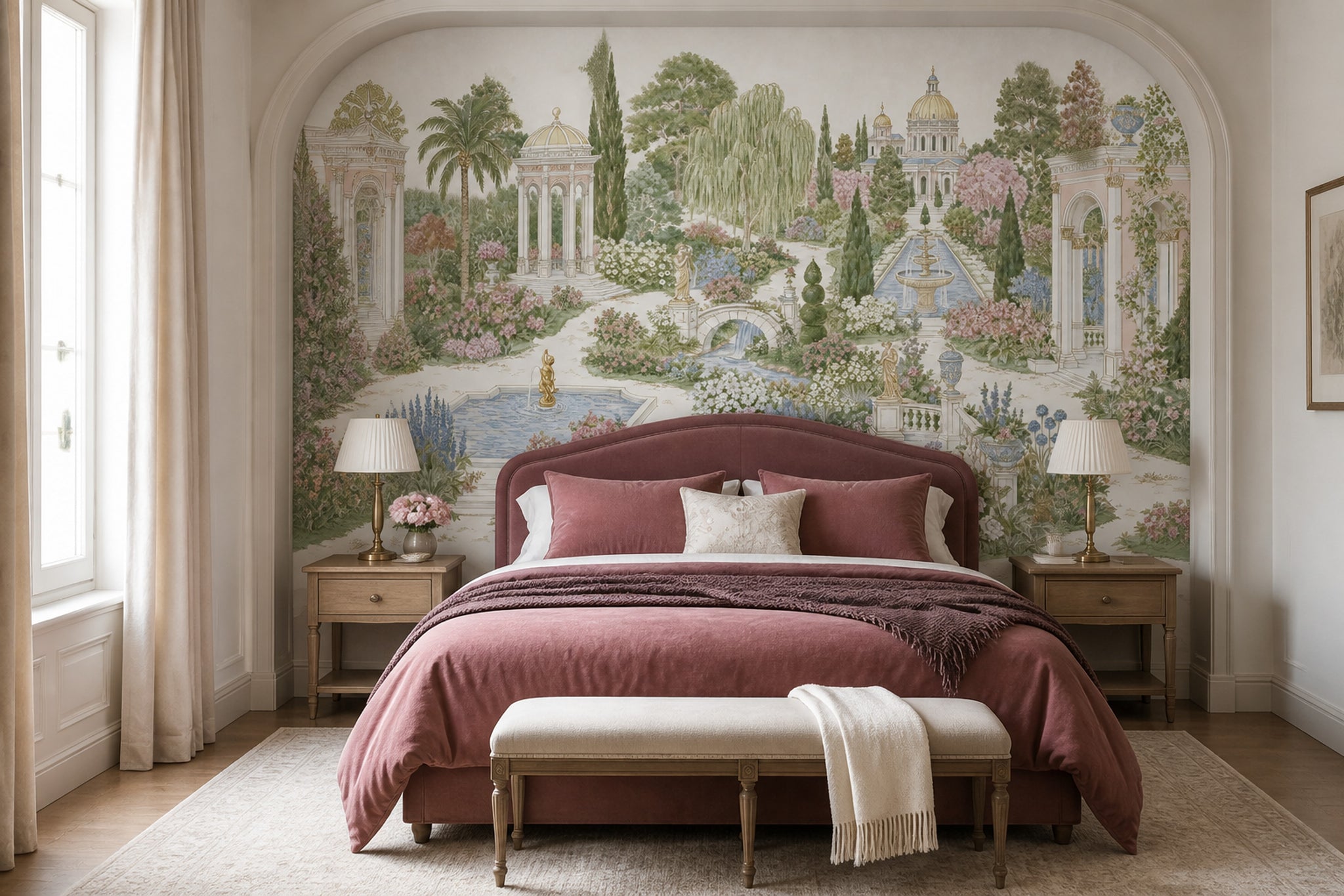 Klasik Bahçe Manzaralı Poster Duvar Kağıdı Yeşil Çiçekli Desen