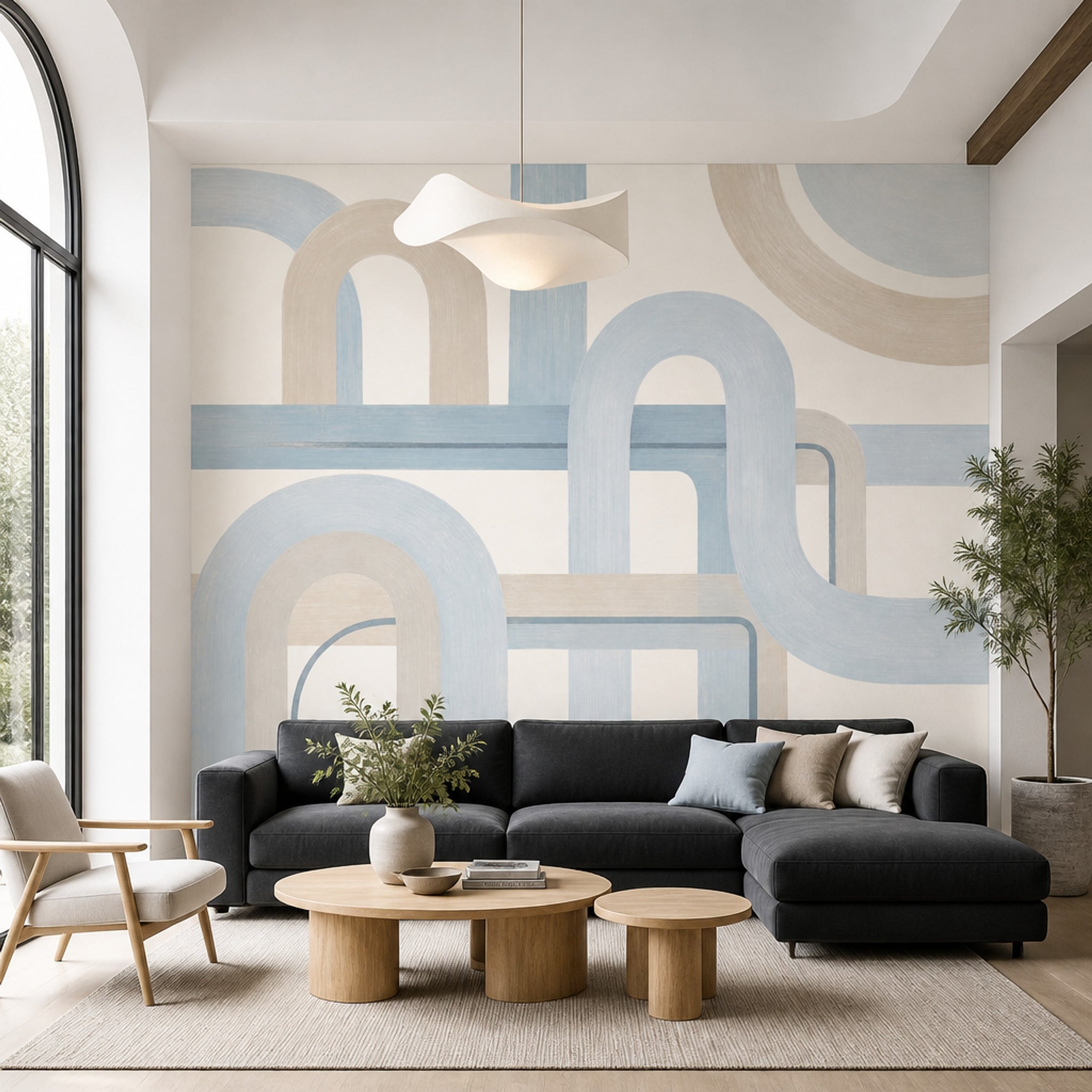 Geometrik Kemer Desenli Poster Duvar Kağıdı Mavi Bej Salon