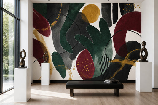Soyut Şekilli Poster Duvar Kağıdı Yeşil Bordo Salon Dekoru