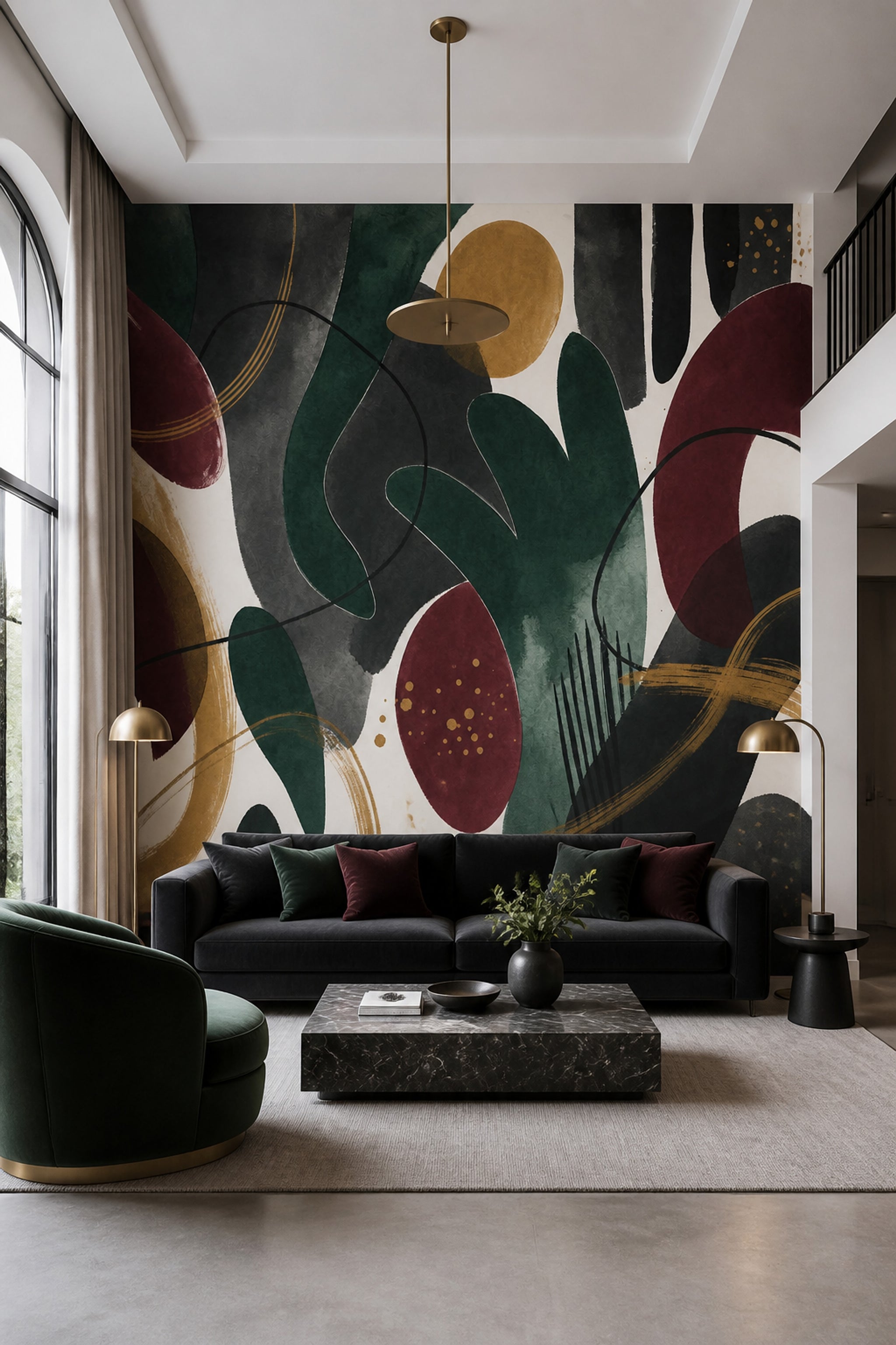 Soyut Şekilli Poster Duvar Kağıdı Yeşil Bordo Salon Dekoru