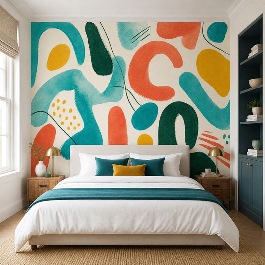 Renkli Soyut Şekilli Poster Duvar Kağıdı Turkuaz Salon