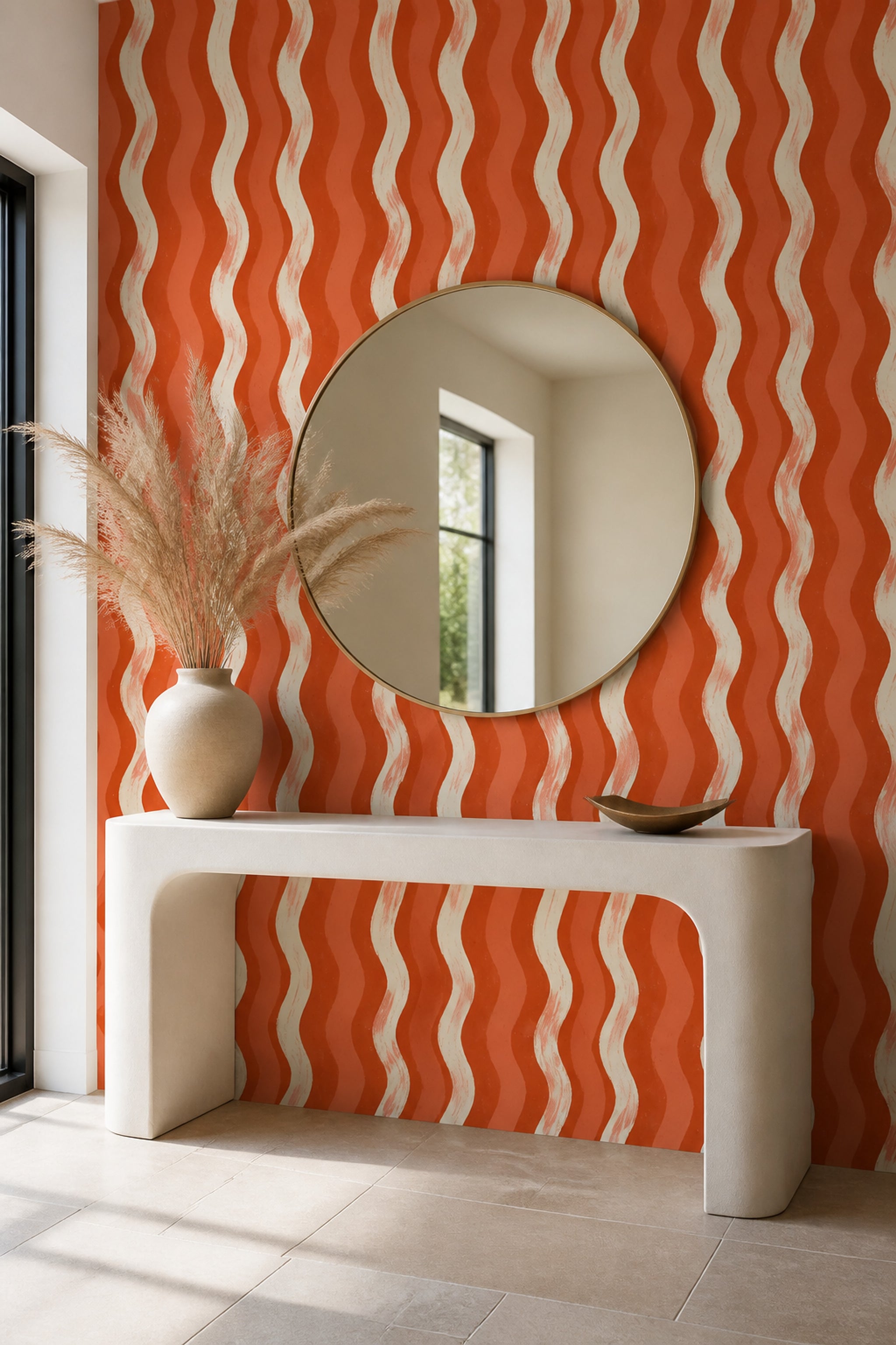 Turuncu Dalgalı Çizgili Duvar Kağıdı Modern Salon Duvarı