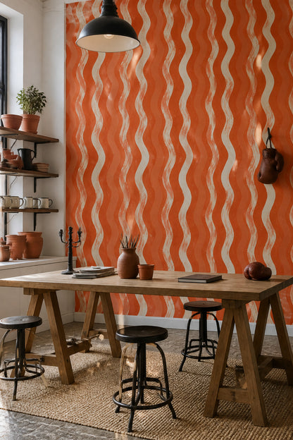 Turuncu Dalgalı Çizgili Duvar Kağıdı Modern Salon Duvarı