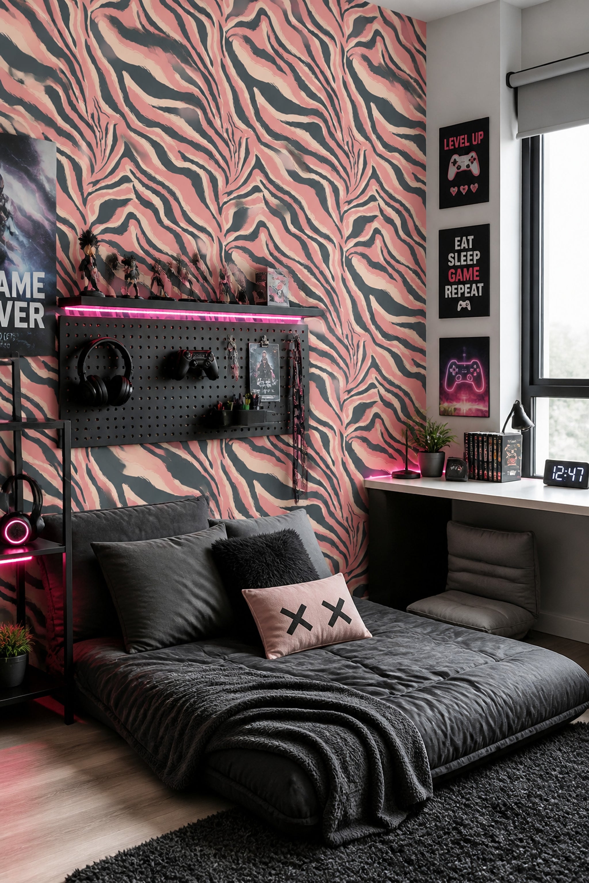 Zebra Desenli Duvar Kağıdı Pudra Pembe Siyah Salon