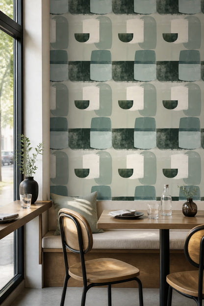 Geometrik Soyut Duvar Kağıdı Yeşil Bej Modern Salon
