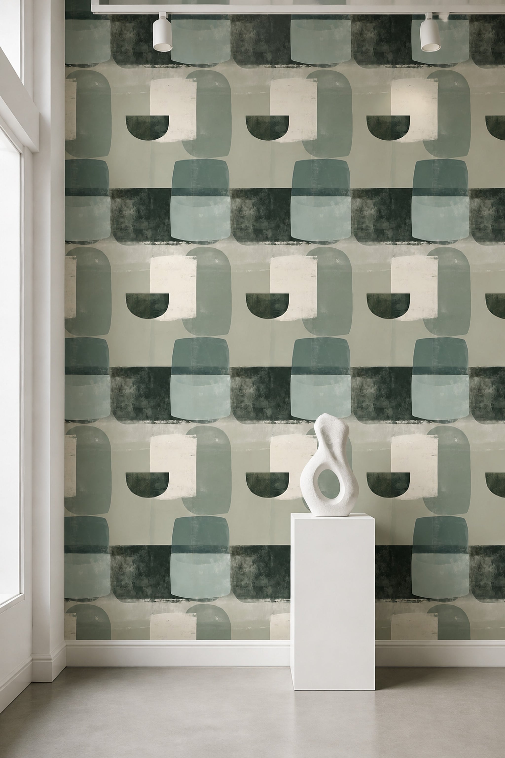 Geometrik Soyut Duvar Kağıdı Yeşil Bej Modern Salon