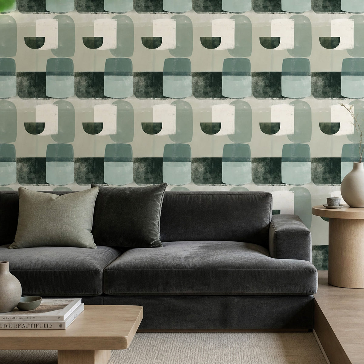 Geometrik Soyut Duvar Kağıdı Yeşil Bej Modern Salon