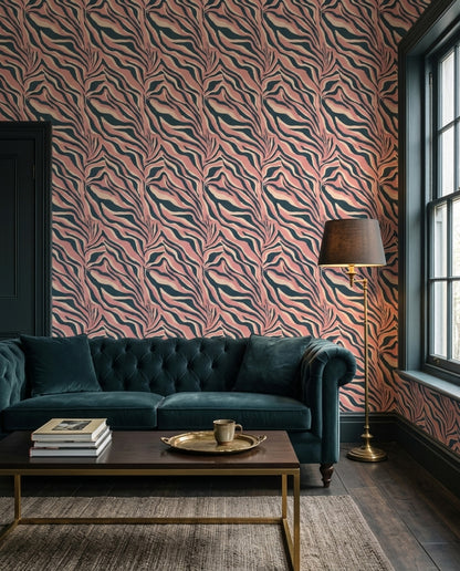 Zebra Desenli Duvar Kağıdı Pudra Pembe Siyah Salon