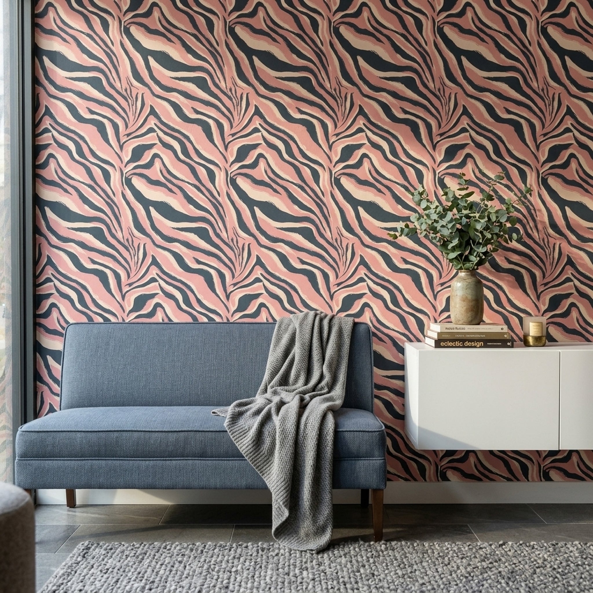 Zebra Desenli Duvar Kağıdı Pudra Pembe Siyah Salon