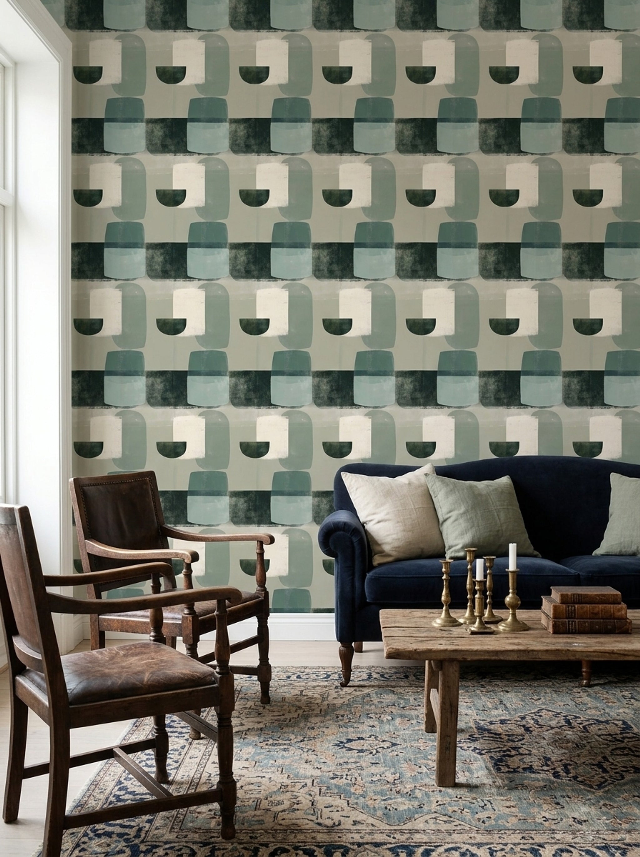Geometrik Soyut Duvar Kağıdı Yeşil Bej Modern Salon