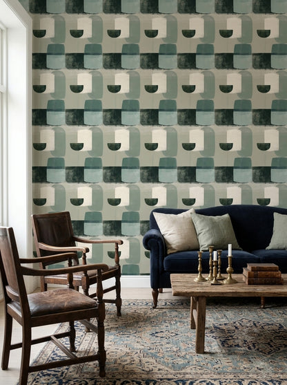 Geometrik Soyut Duvar Kağıdı Yeşil Bej Modern Salon