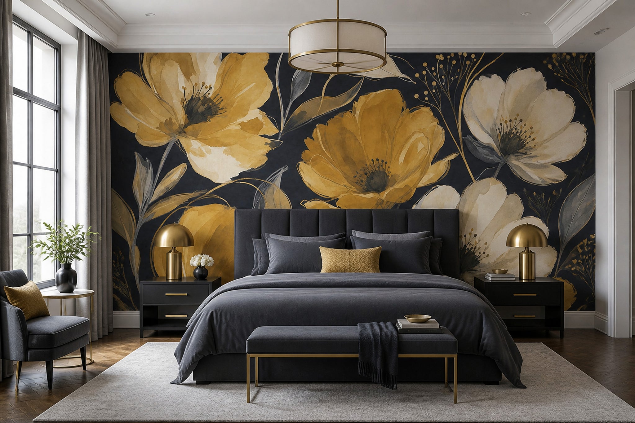 Büyük Çiçekli Poster Duvar Kağıdı Siyah Zemin Altın Ton